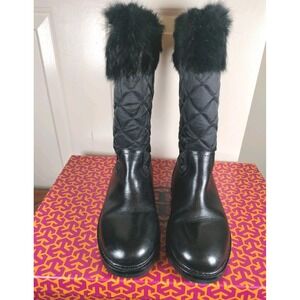 Tory Burch Joey‎ Boot 33128510 Black Leather Quilted Nylon Fur Winter Womens 7
